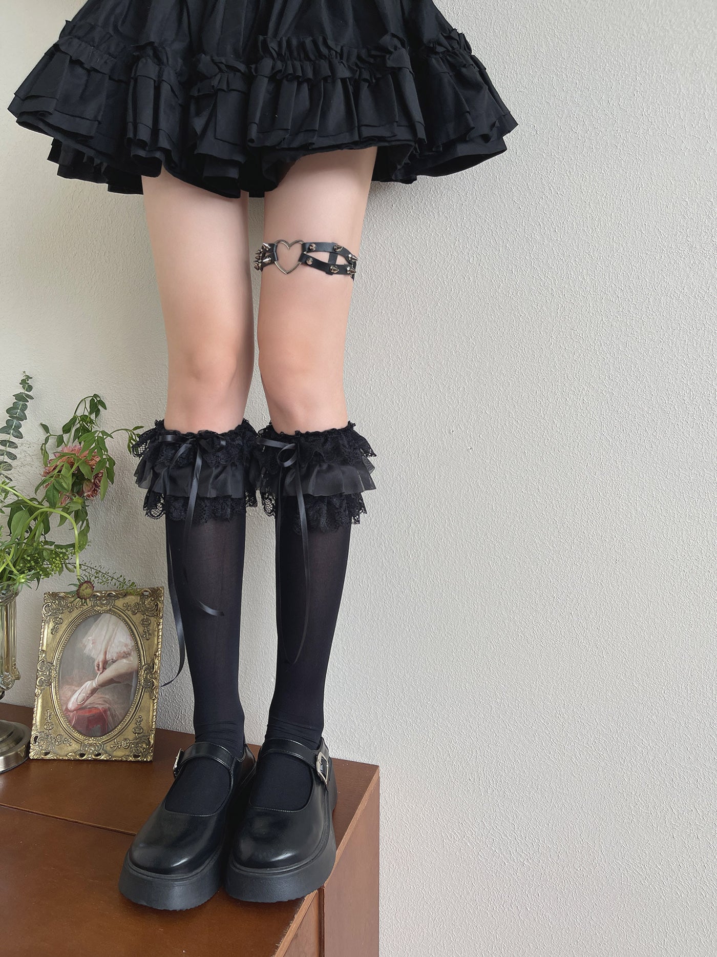 Creamy - Lace ruffle bow velvet mid-calf - Socks