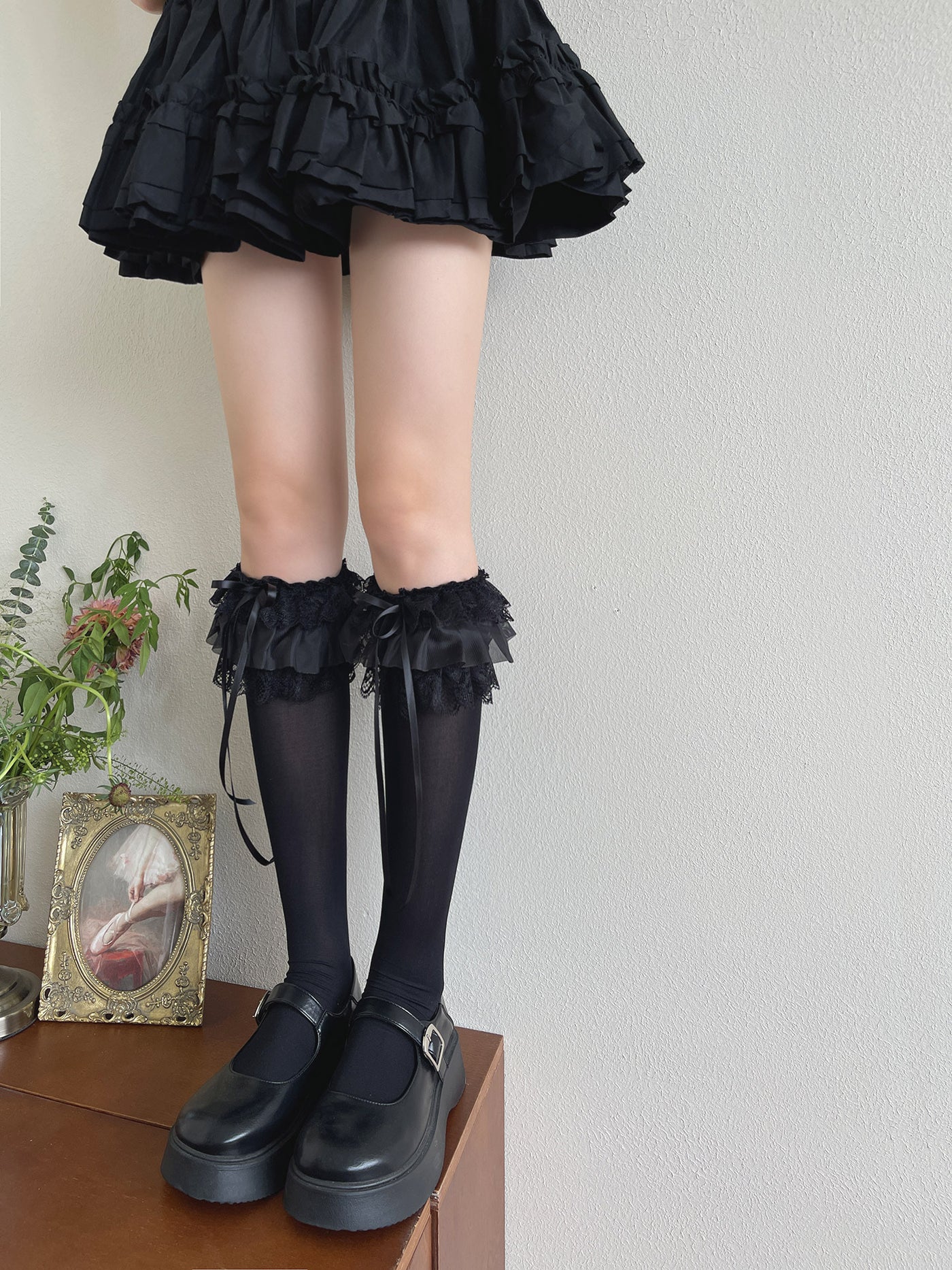 Creamy - Lace ruffle bow velvet mid-calf - Socks