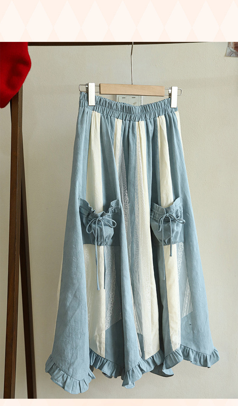 Blue Lolita underskirt with irregular lace panels and elastic waist
