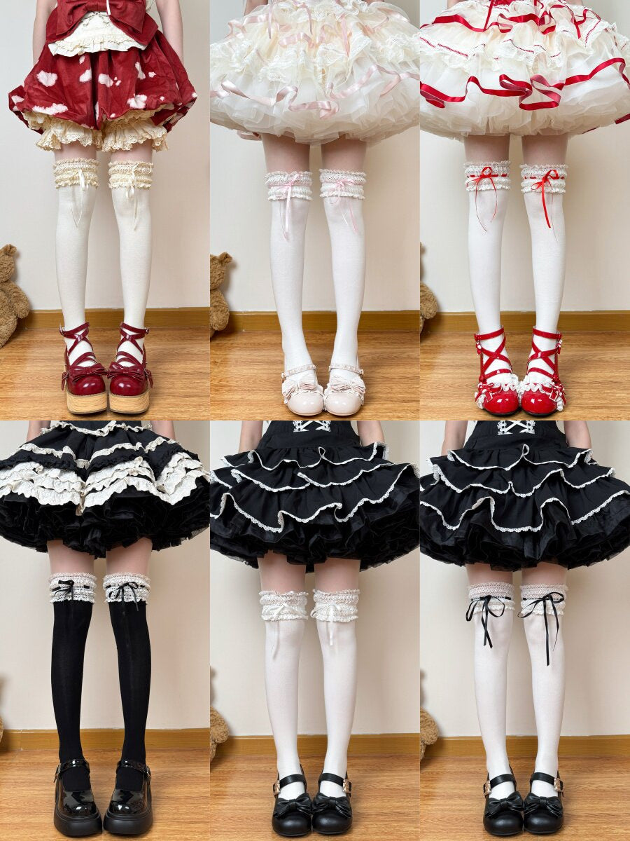 Black over-the-knee socks with black ribbon and lace trim