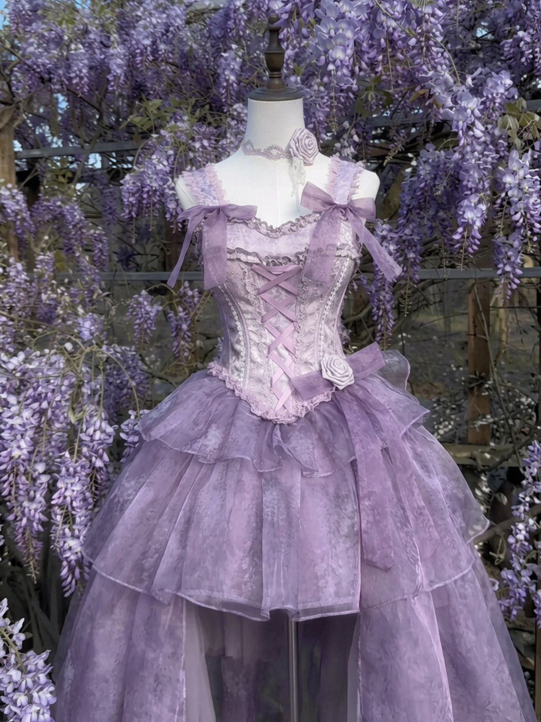 Formal Lolita Jumper Skirt with front short back long hem and sheer overlay