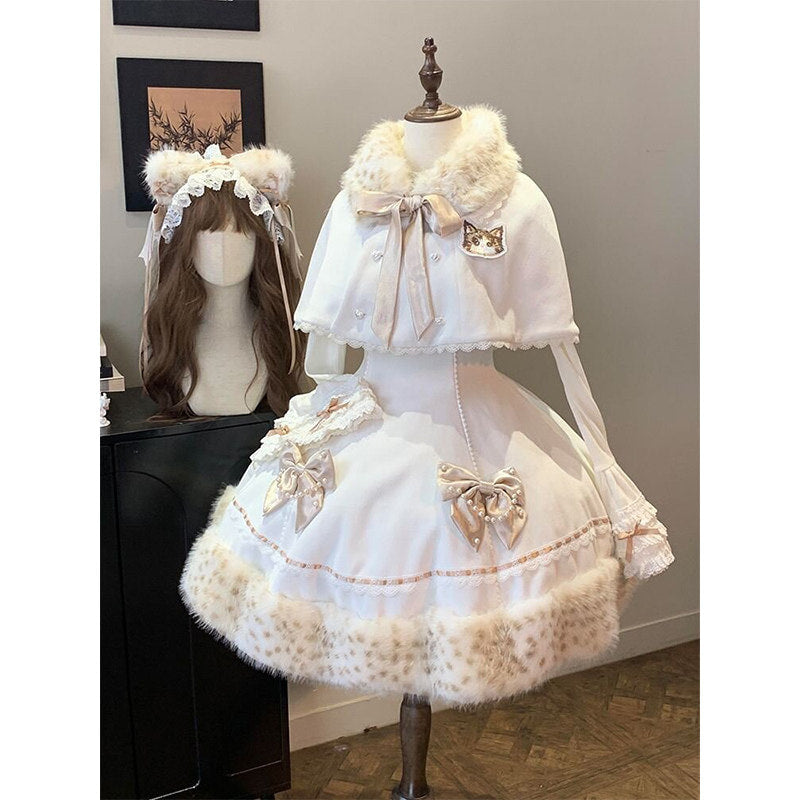 Creamy - Winter Cloak Dress Set - Fur-Trimmed Three-Piece Set
