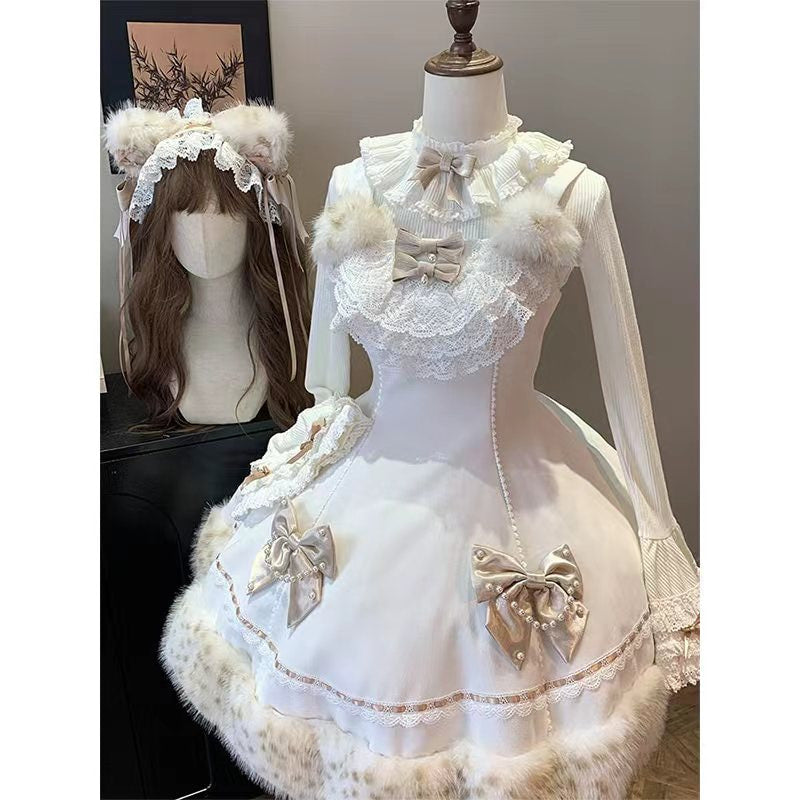 Creamy - Winter Cloak Dress Set - Fur-Trimmed Three-Piece Set