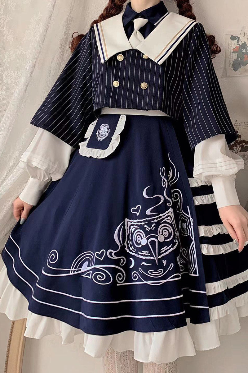 Navy Lolita headpiece with large white bow and ruffled trim