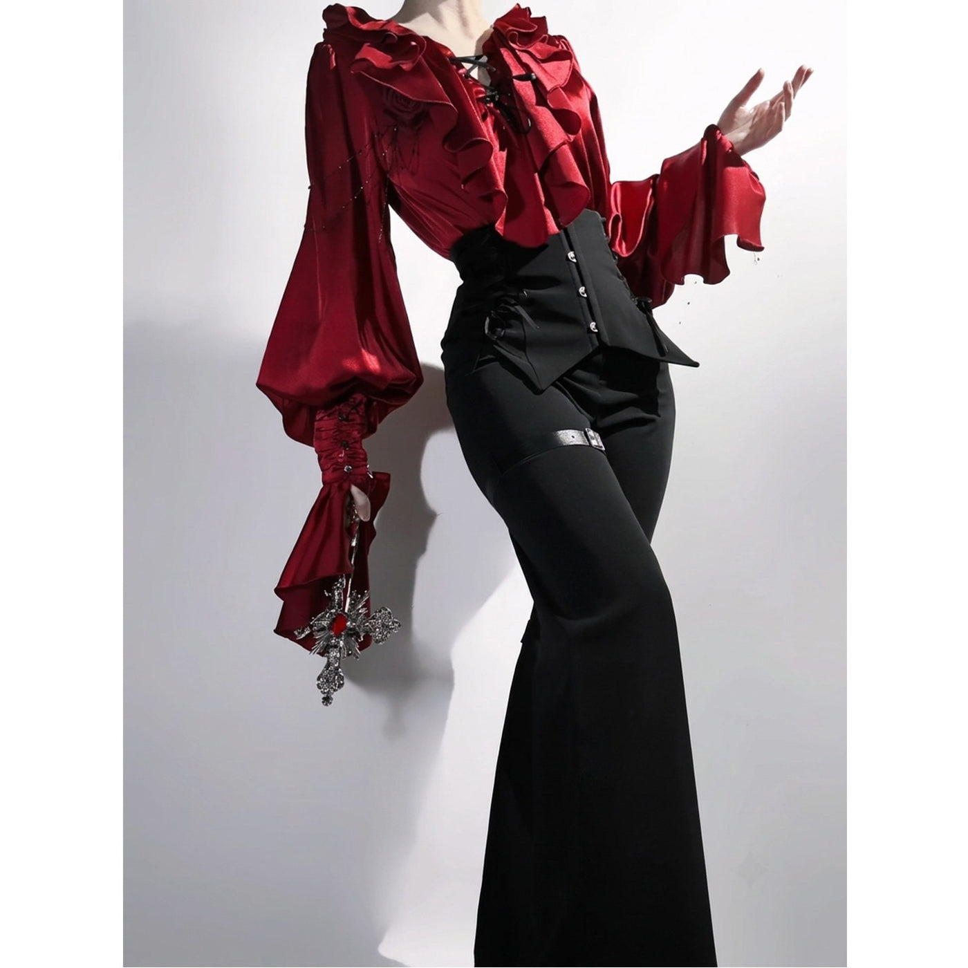 Creamy - Red Blouse and Black Trousers - Gothic Two-Piece
