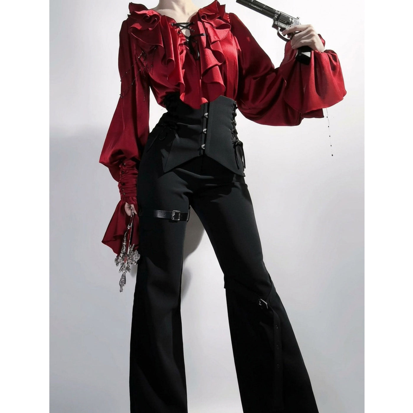 Creamy - Red Blouse and Black Trousers - Gothic Two-Piece