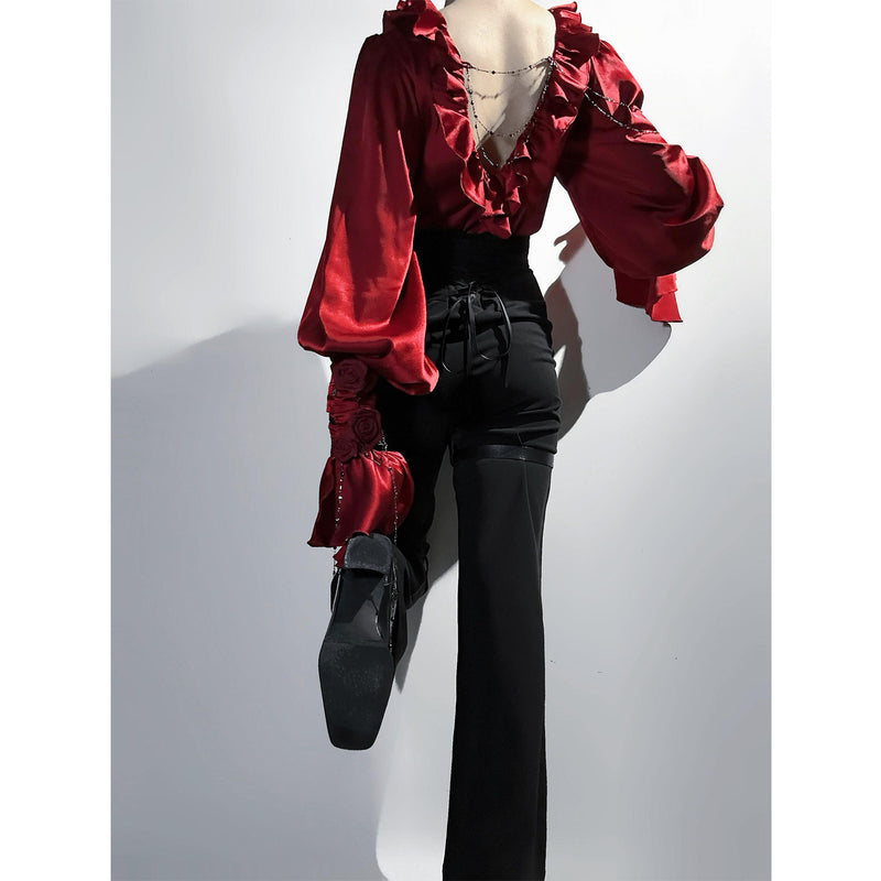 Creamy - Red Blouse and Black Trousers - Gothic Two-Piece