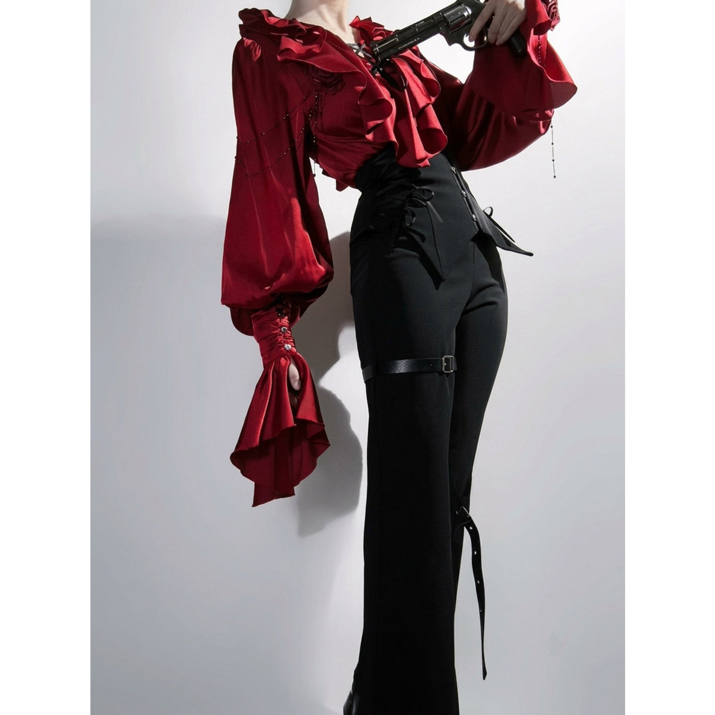 Creamy - Red Blouse and Black Trousers - Gothic Two-Piece