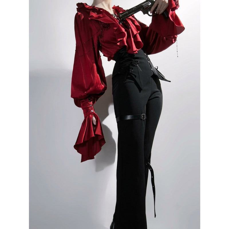Creamy - Red Blouse and Black Trousers - Gothic Two-Piece