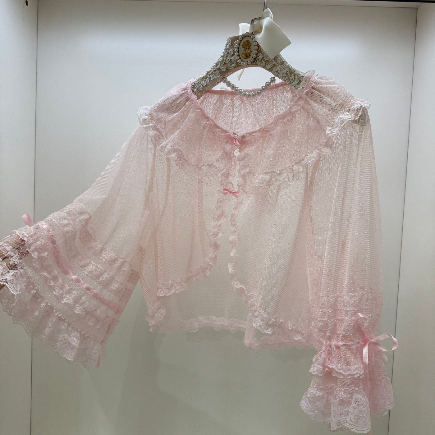 White small size Summer Quartet lolita top with ruffled lace neck and flared cuffs