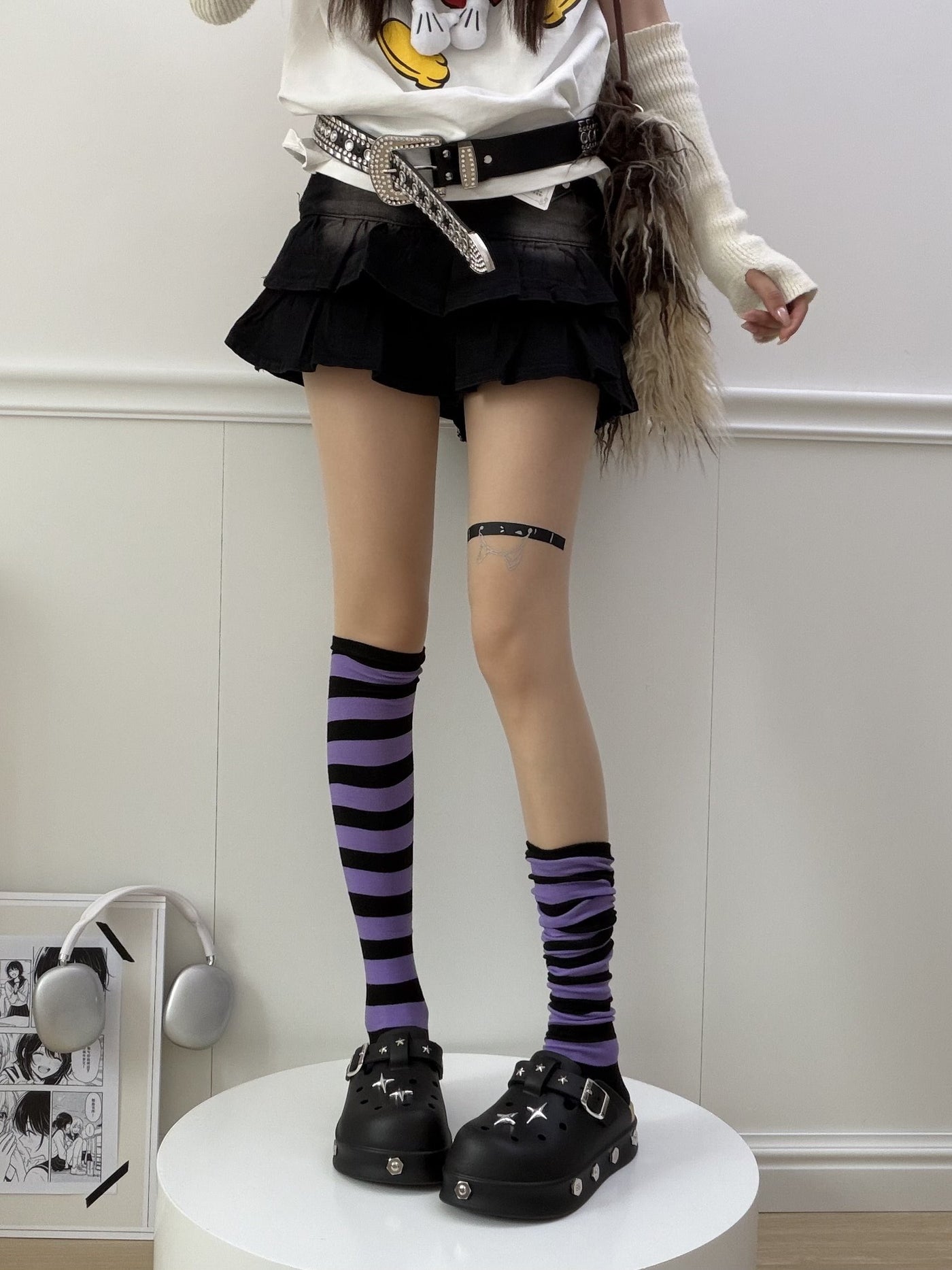 Sheer stockings paired with black and purple striped over-the-knee socks, set variant