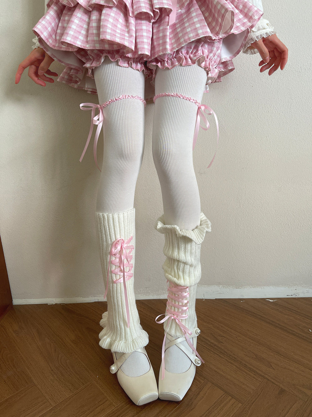 Ribbed lolita sock covers with pink ribbon ties, white pantyhose with pink straps variant