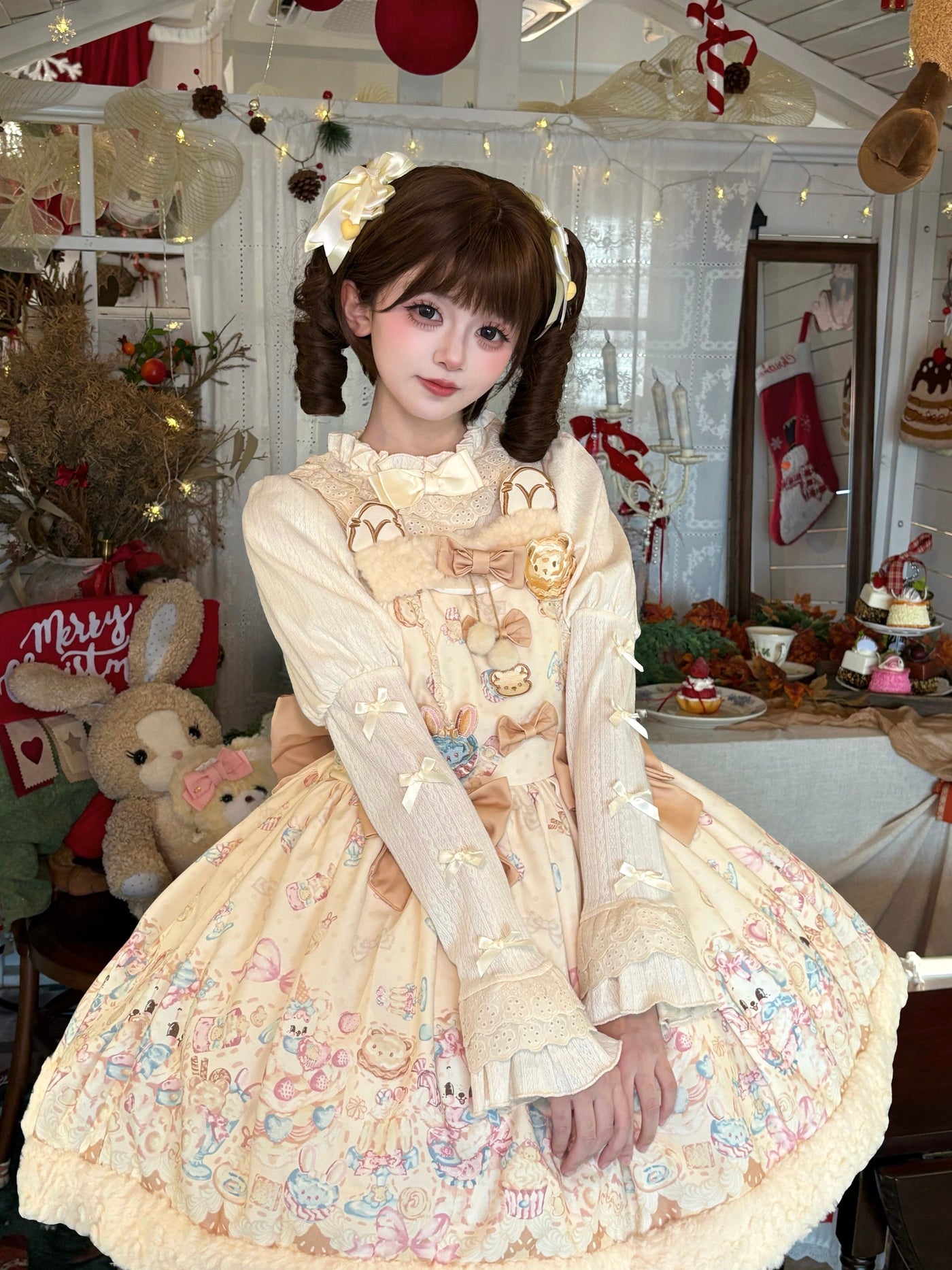 Pink sweet Lolita high-waisted jumper skirt with pastel bear and dessert print