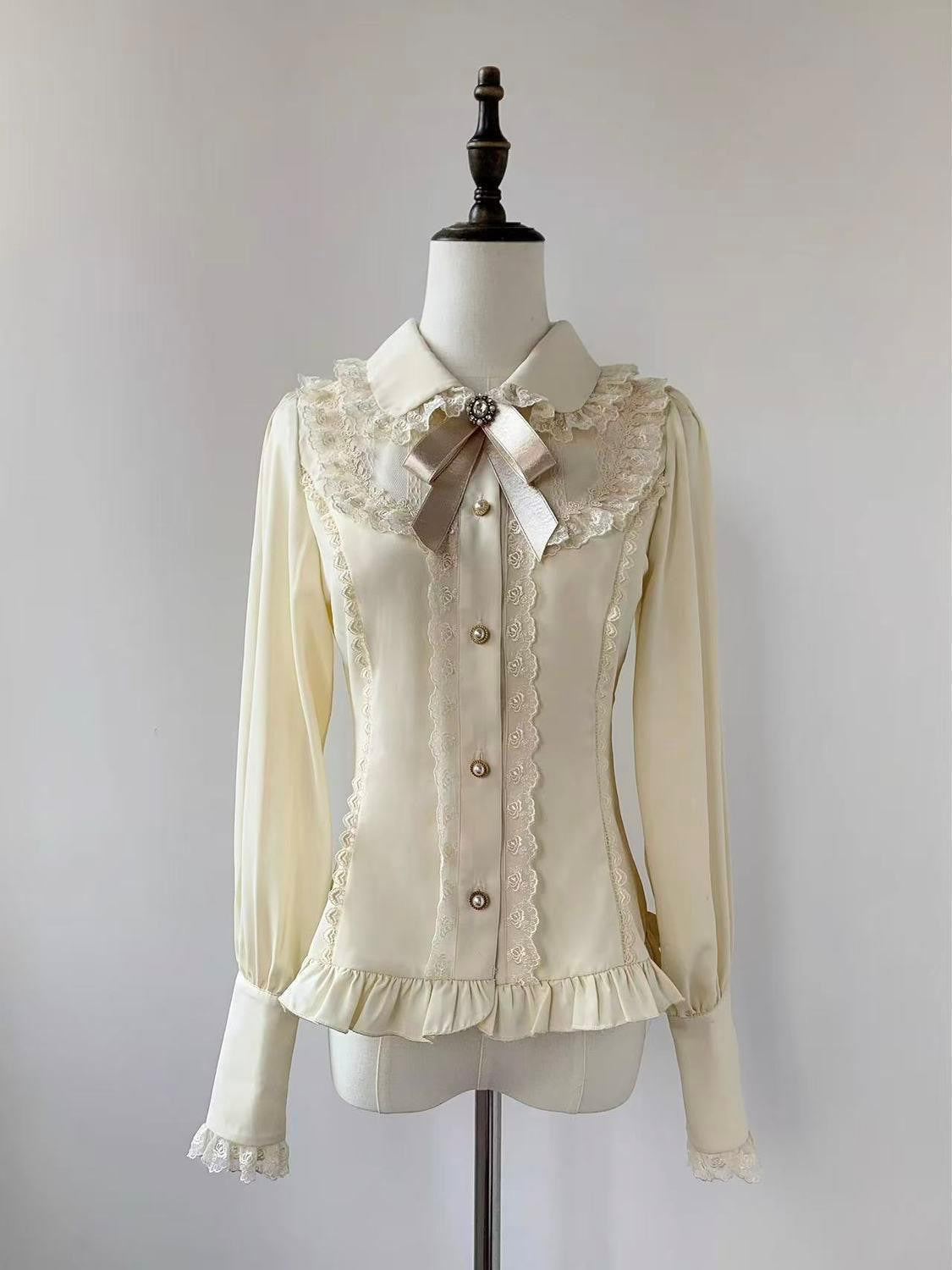 Apricot sweet Lolita long-sleeve blouse with lace trim and fitted waist