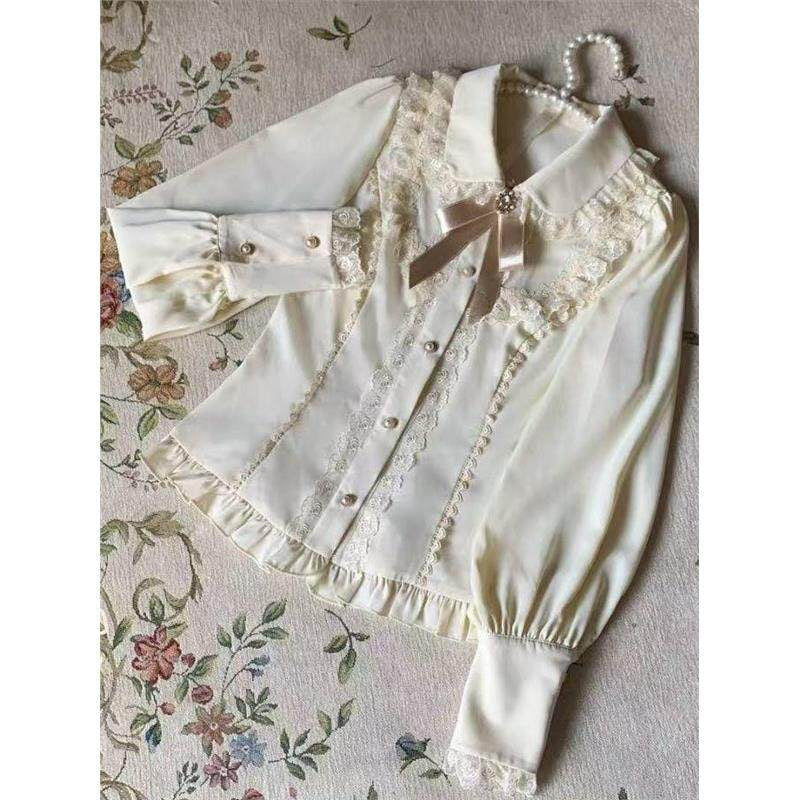 White sweet Lolita long-sleeve blouse with lace trim and fitted waist