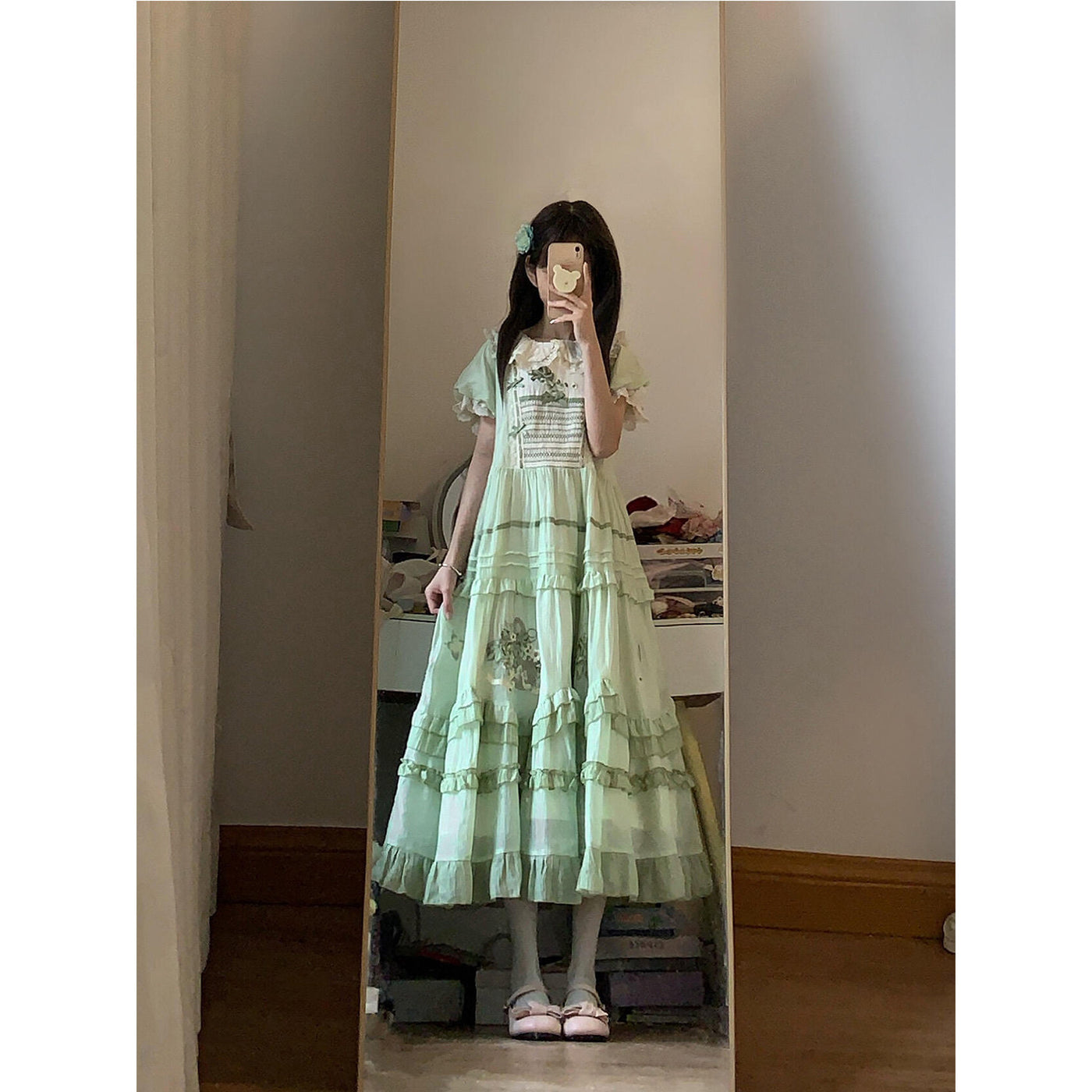 Creamy - Green Grape Embroidered Tiered OP Dress - Sweet Lolita