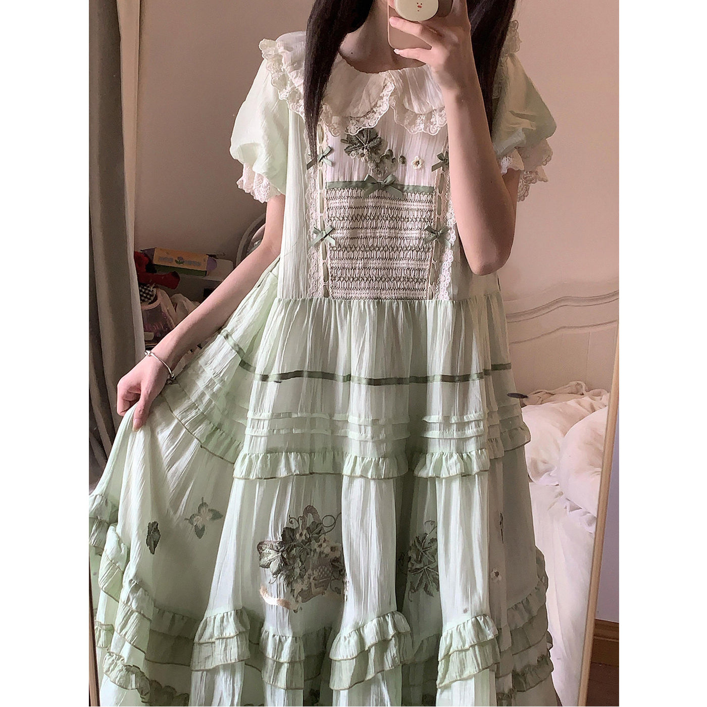 Creamy - Green Grape Embroidered Tiered OP Dress - Sweet Lolita