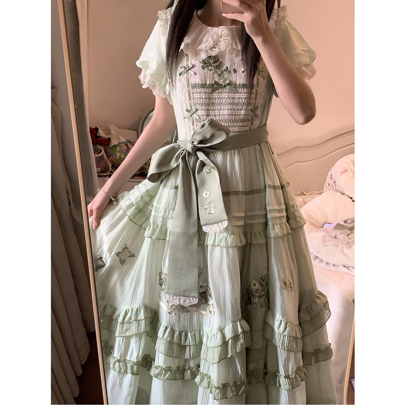 Creamy - Green Grape Embroidered Tiered OP Dress - Sweet Lolita