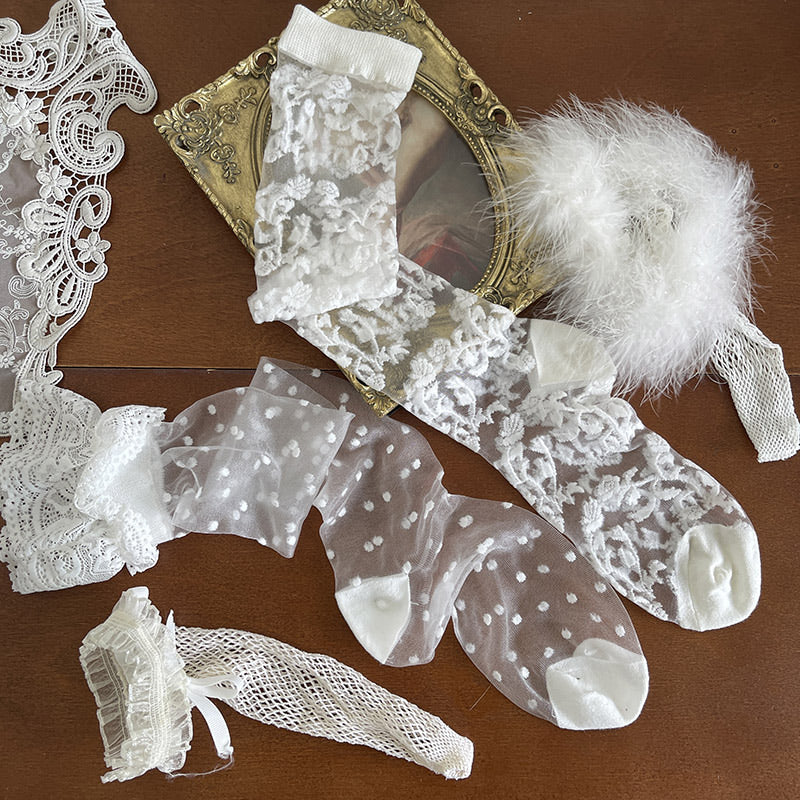 Layered wear combination of two mismatched mid-calf Lolita socks with lace and plush trim