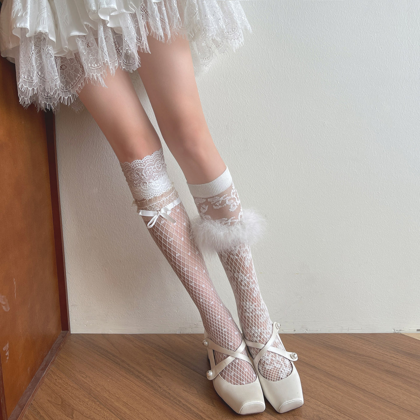Sock Noble - Sheer Lace Trim Mid-Calf Socks - Mid-calf Lolita