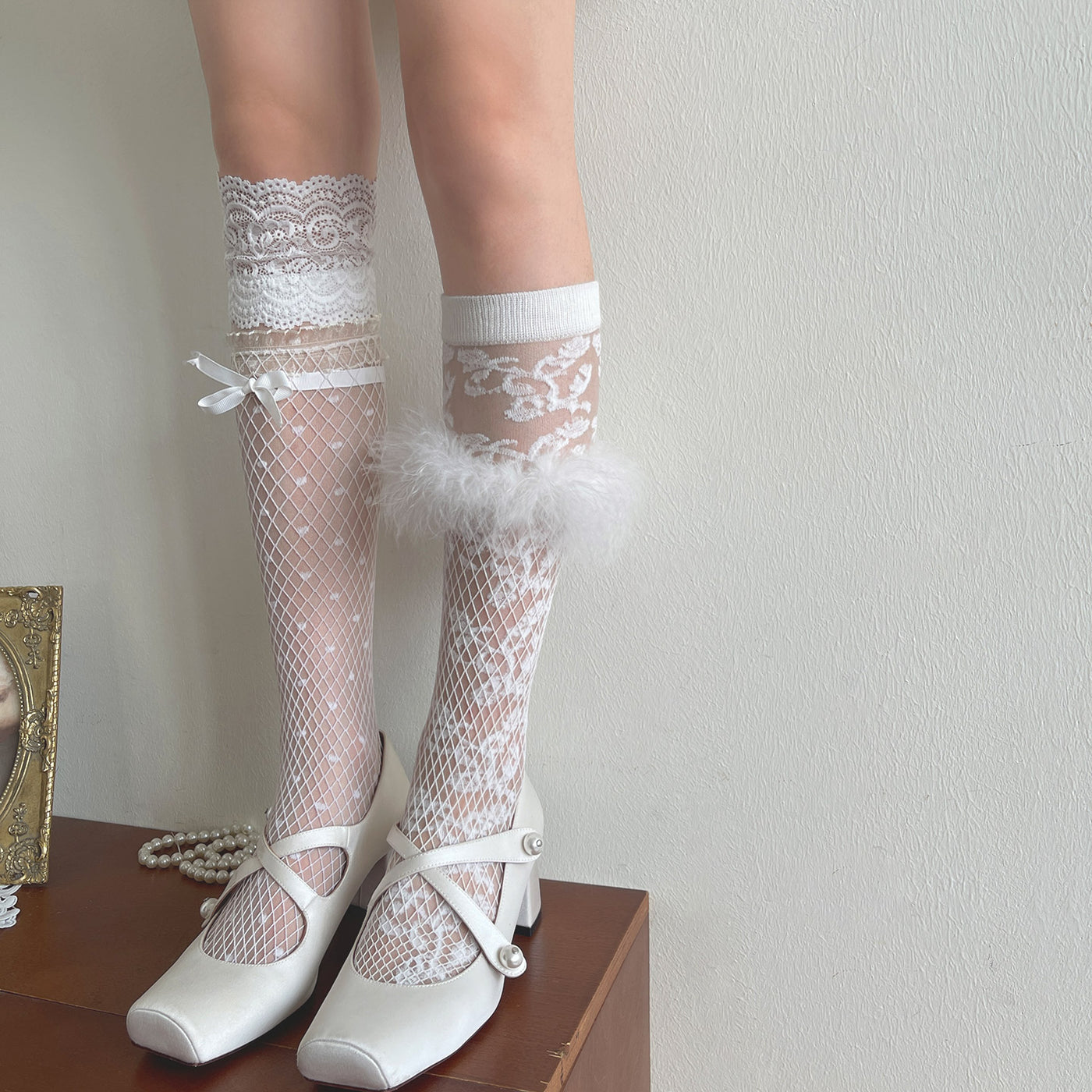Sock Noble - Sheer Lace Trim Mid-Calf Socks - Mid-calf Lolita