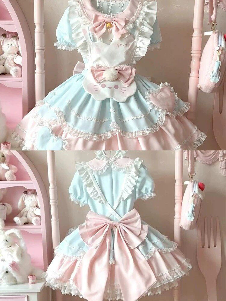 Sweet Tea Girl sweet Lolita yellow short sleeve OP dress with tiered skirt and white lace trim displayed on a mannequin