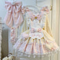 Gelb rosa langärmeliger (kompletter) Schürze + Haarband + Haarklammer + Schleppe + kleine Accessoires / S