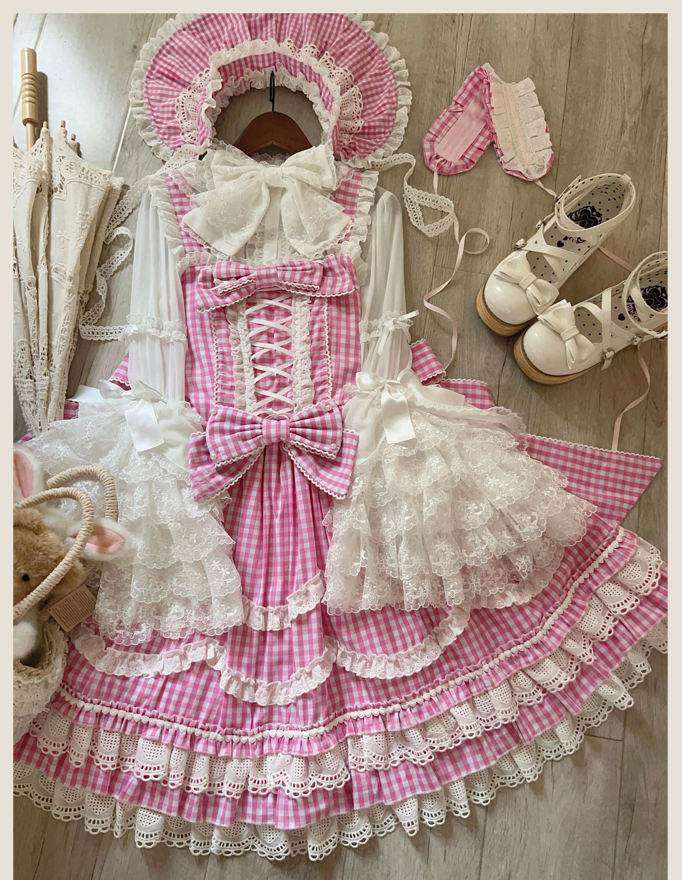 Tata Long Ear - Gingham Baileys - Pink gingham check sweet lolita JSK