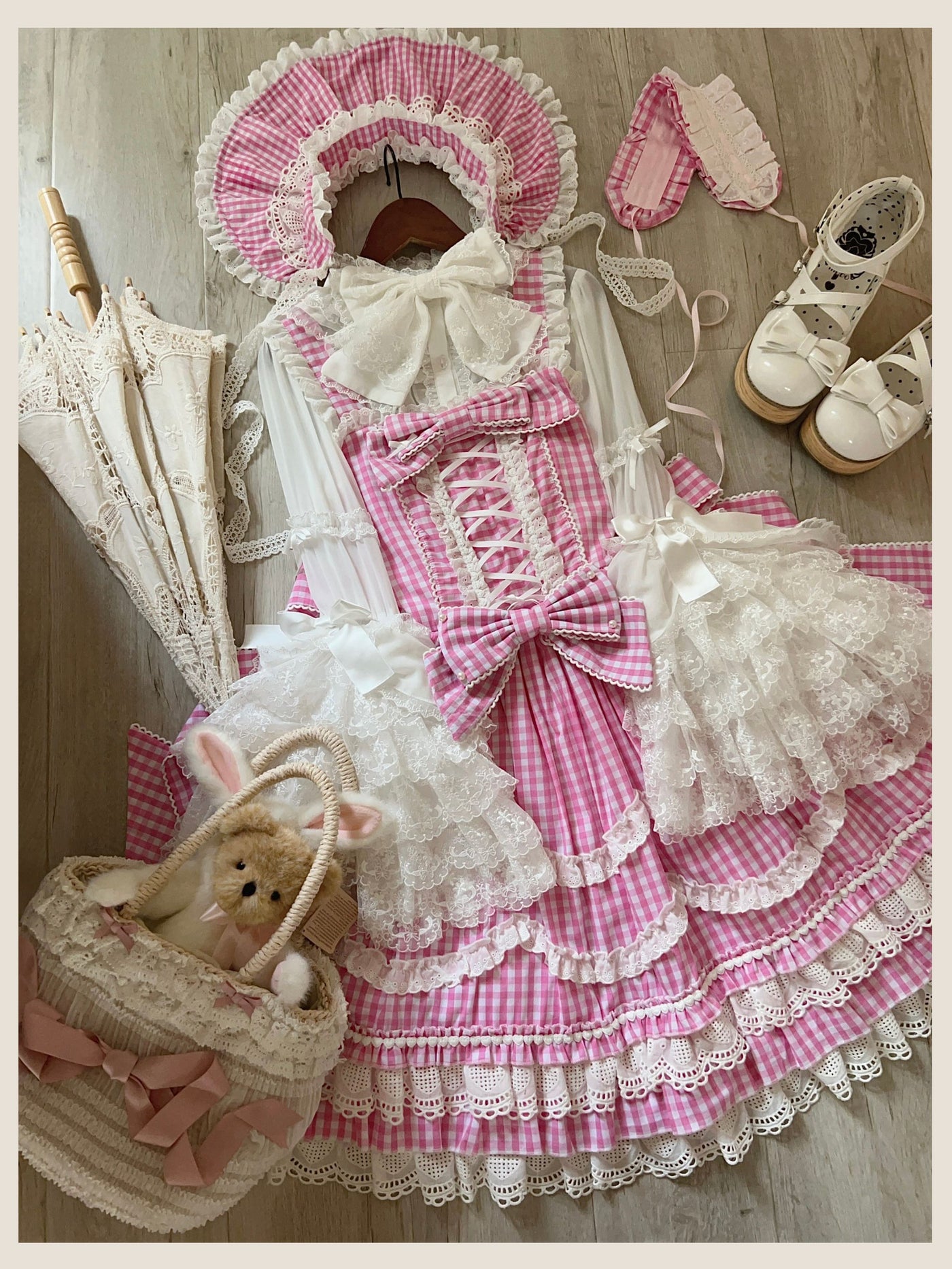 Tata Long Ear - Gingham Baileys - Pink gingham check sweet lolita JSK