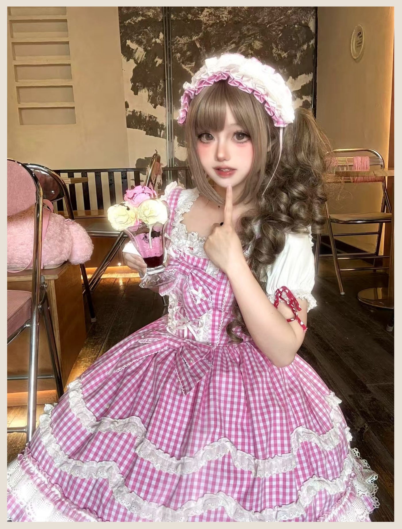 Tata Long Ear - Gingham Baileys - Pink gingham check sweet lolita JSK