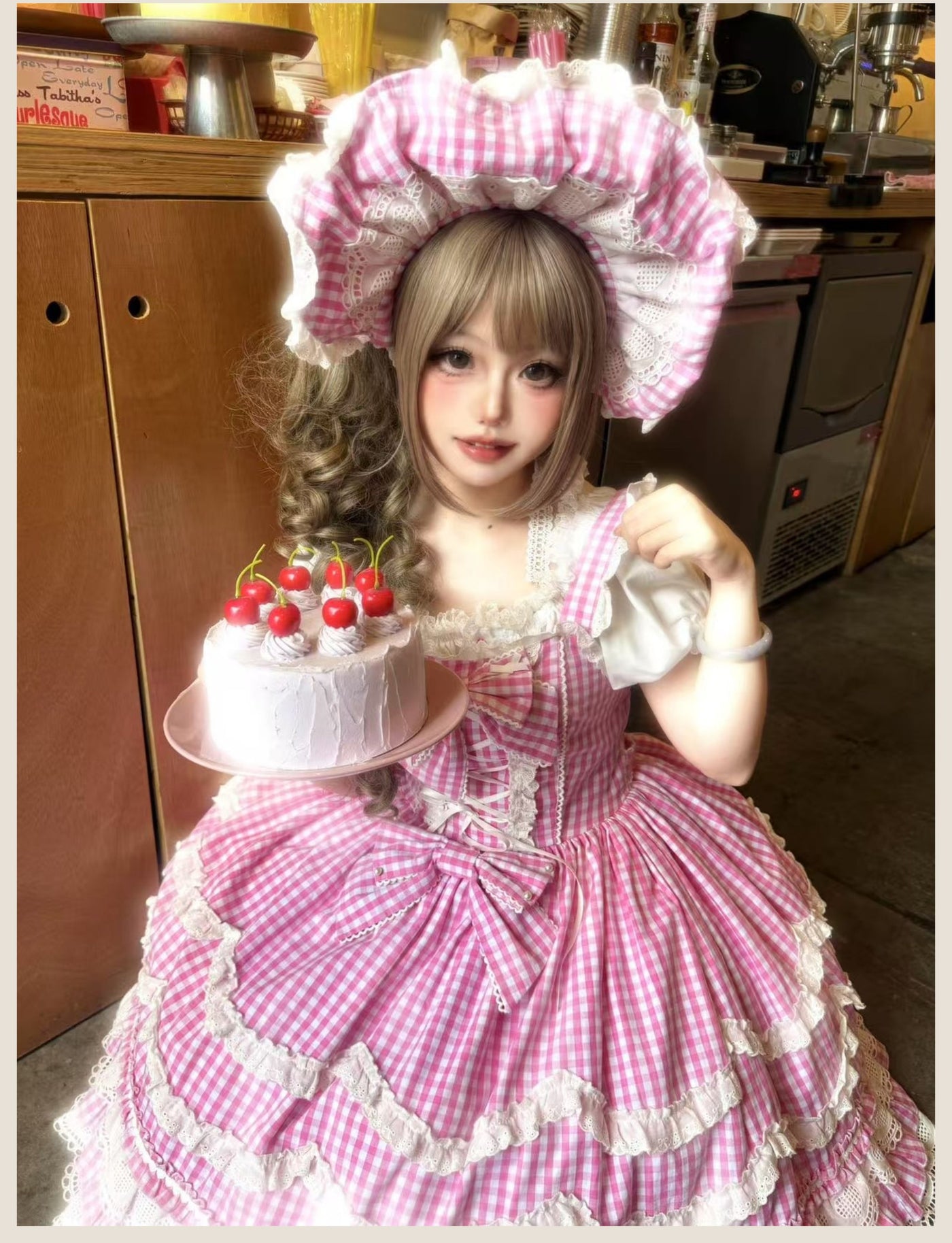 Tata Long Ear - Gingham Baileys - Pink gingham check sweet lolita JSK