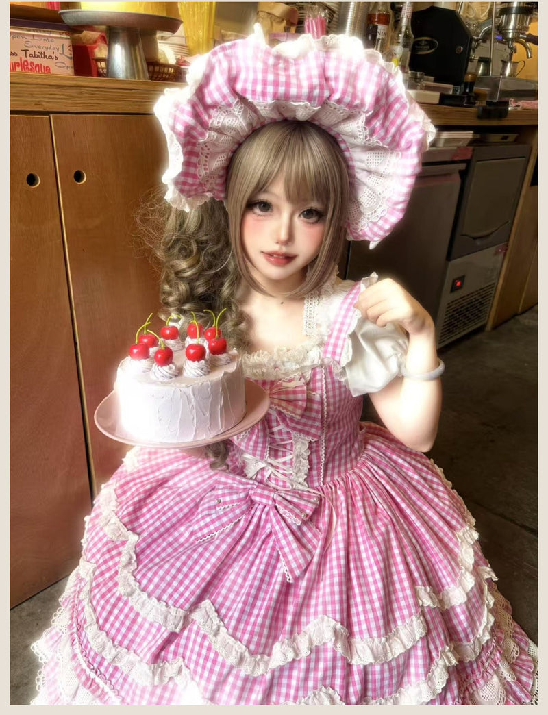 Tata Long Ear - Gingham Baileys - Pink gingham check sweet lolita JSK