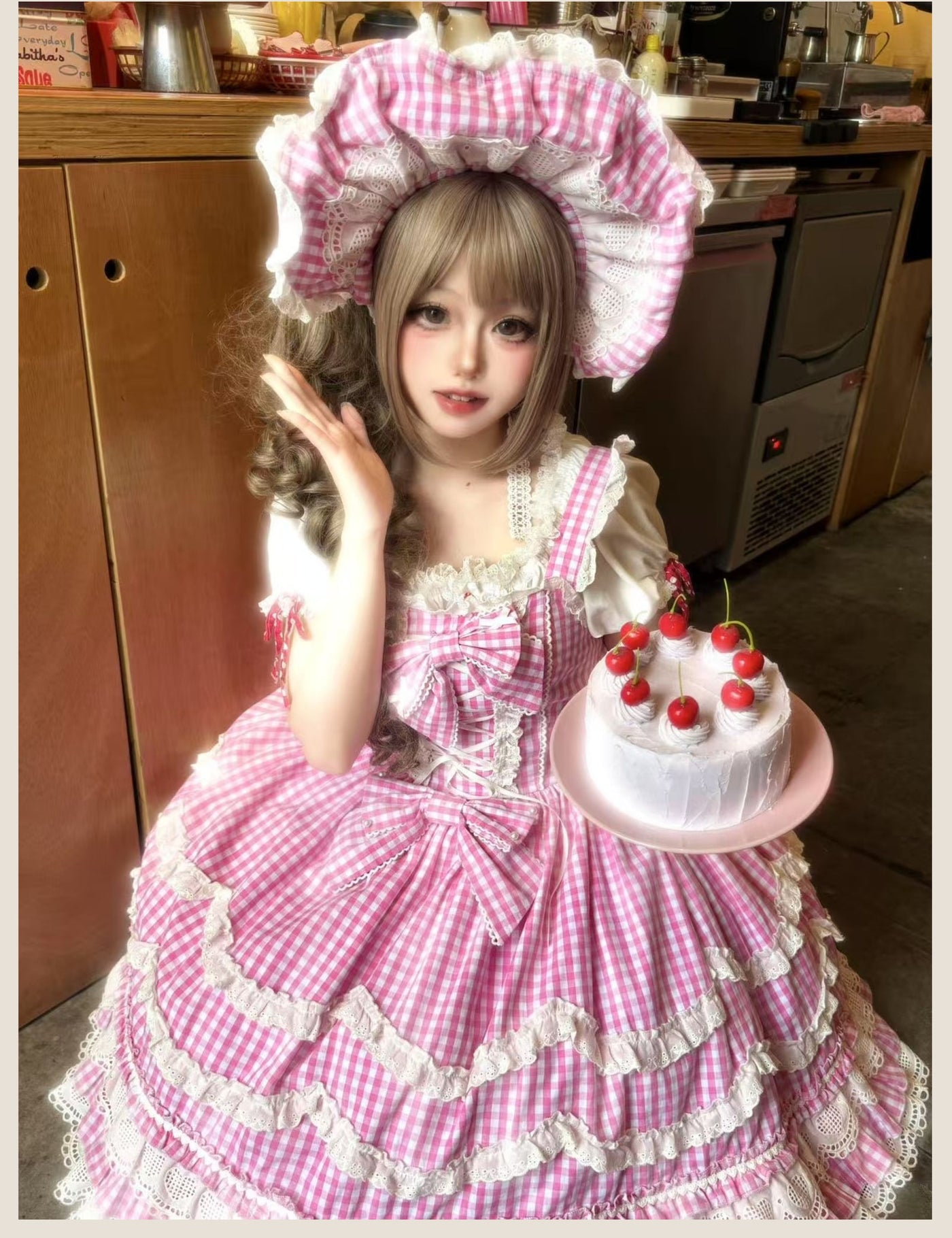 Tata Long Ear - Gingham Baileys - Pink gingham check sweet lolita JSK