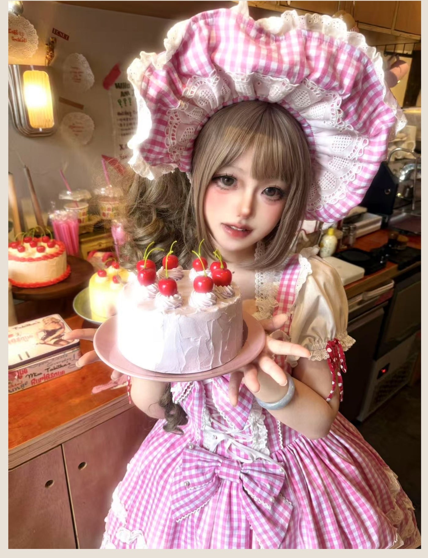 Tata Long Ear - Gingham Baileys - Pink gingham check sweet lolita JSK