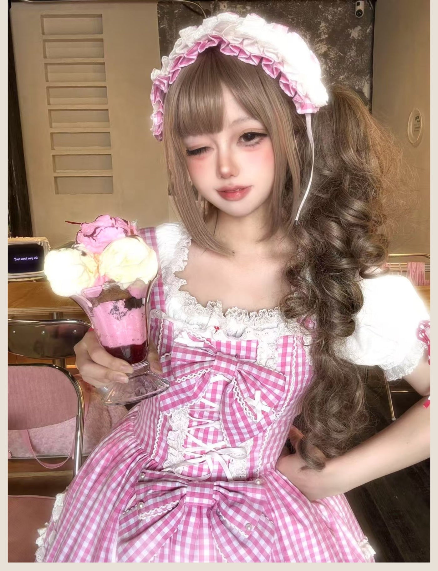 Tata Long Ear - Gingham Baileys - Pink gingham check sweet lolita JSK