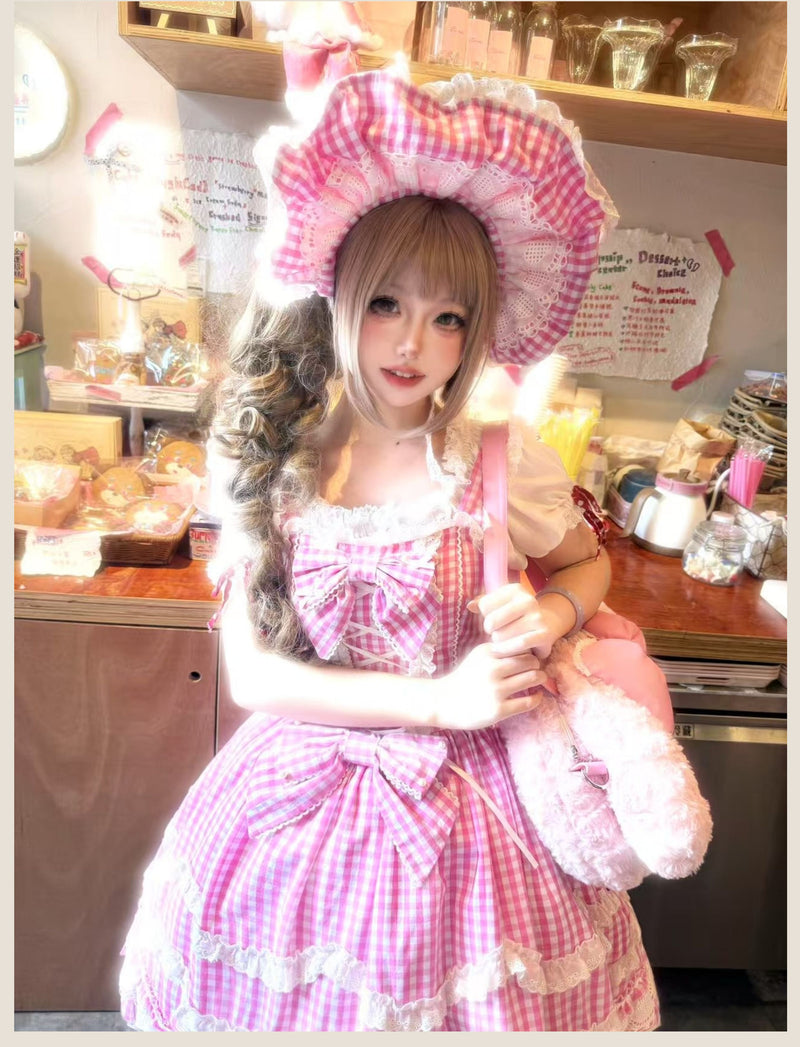 Tata Long Ear - Gingham Baileys - Pink gingham check sweet lolita JSK
