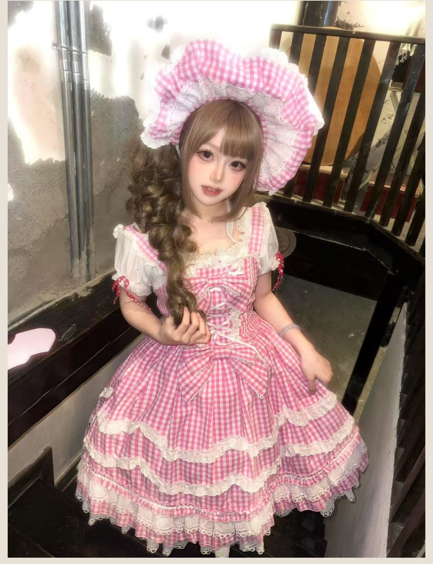 Tata Long Ear - Gingham Baileys - Pink gingham check sweet lolita JSK