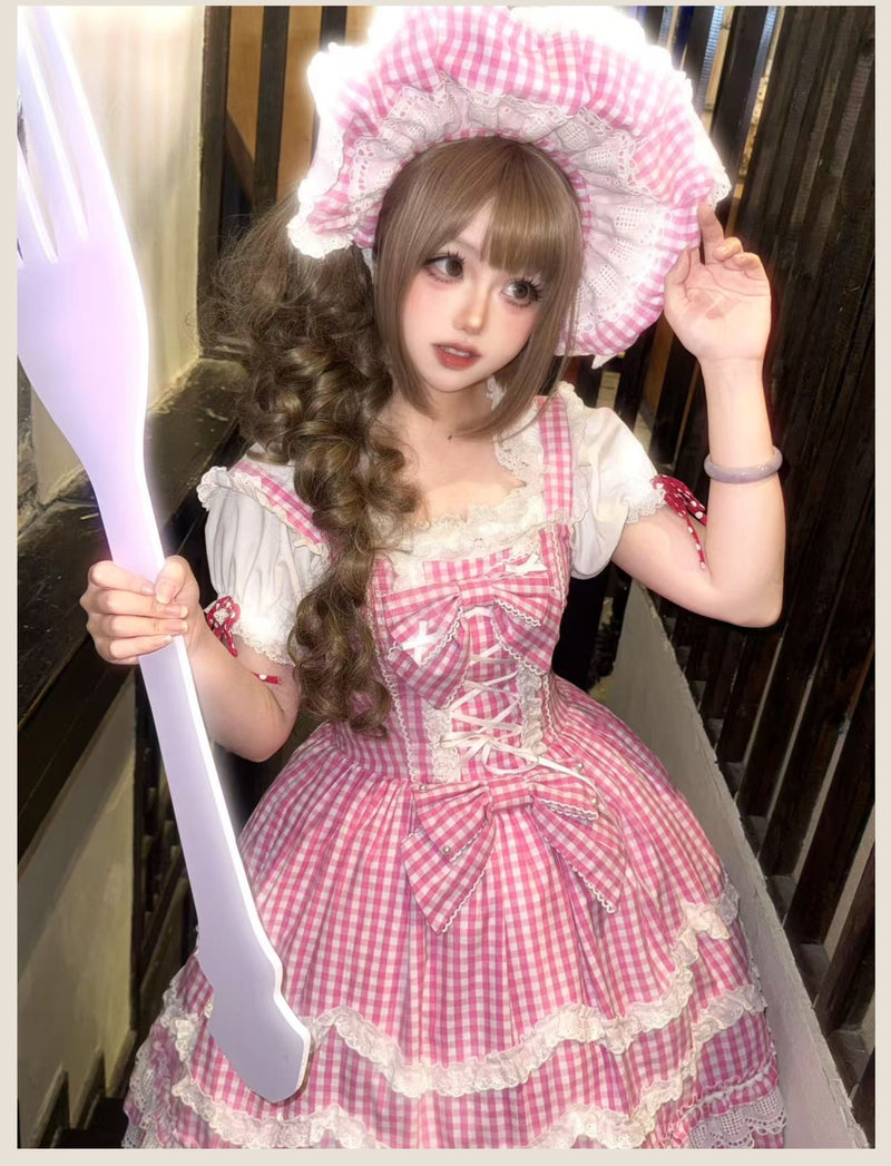 Tata Long Ear - Gingham Baileys - Pink gingham check sweet lolita JSK