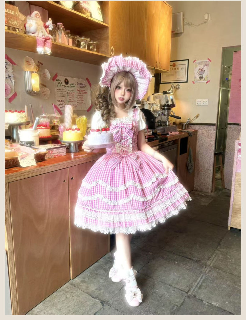 Tata Long Ear - Gingham Baileys - Pink gingham check sweet lolita JSK