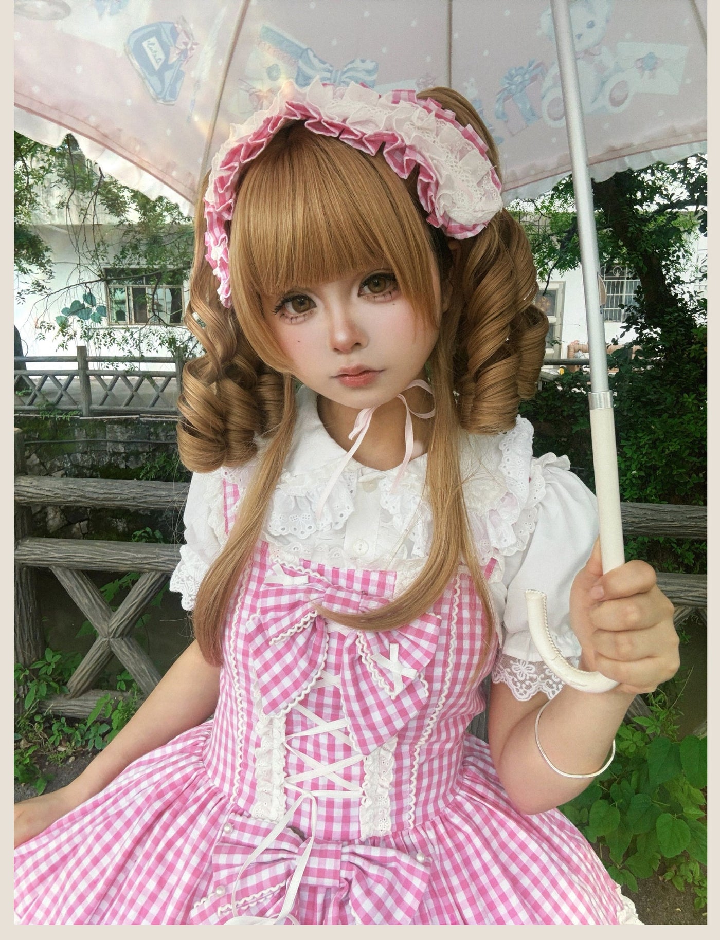Tata Long Ear - Gingham Baileys - Pink gingham check sweet lolita JSK