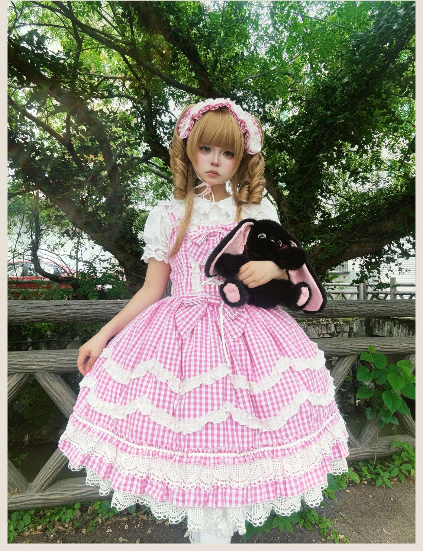 Tata Long Ear - Gingham Baileys - Pink gingham check sweet lolita JSK