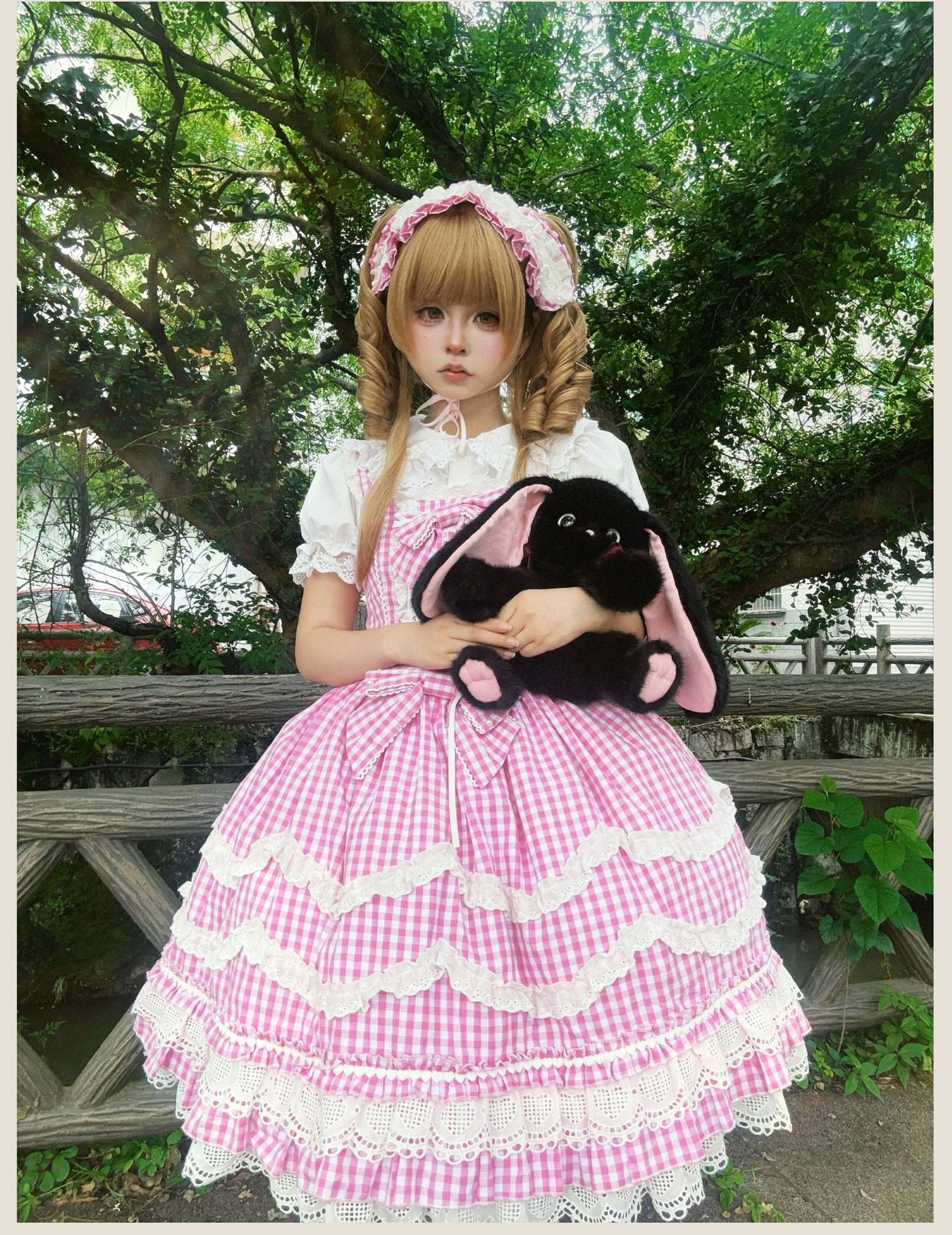 Tata Long Ear - Gingham Baileys - Pink gingham check sweet lolita JSK