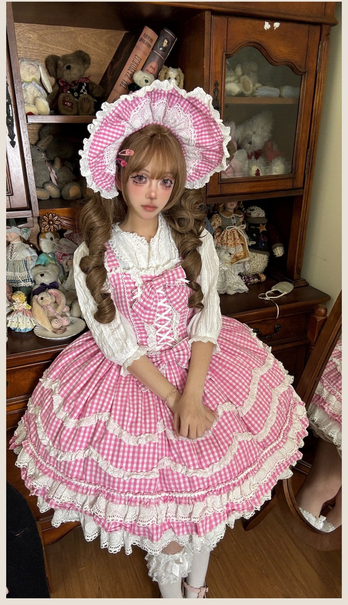 Tata Long Ear - Gingham Baileys - Pink gingham check sweet lolita JSK