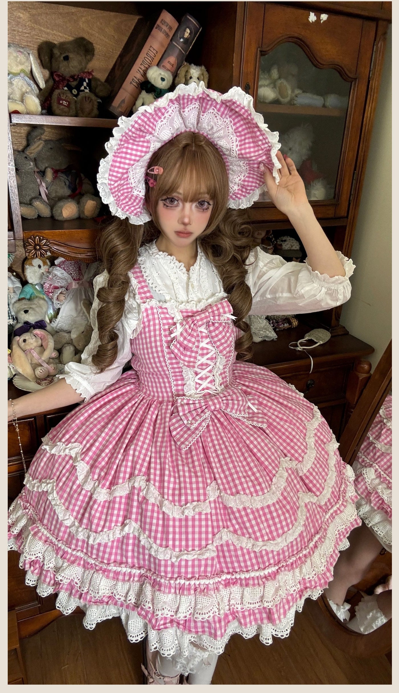 Tata Long Ear - Gingham Baileys - Pink gingham check sweet lolita JSK