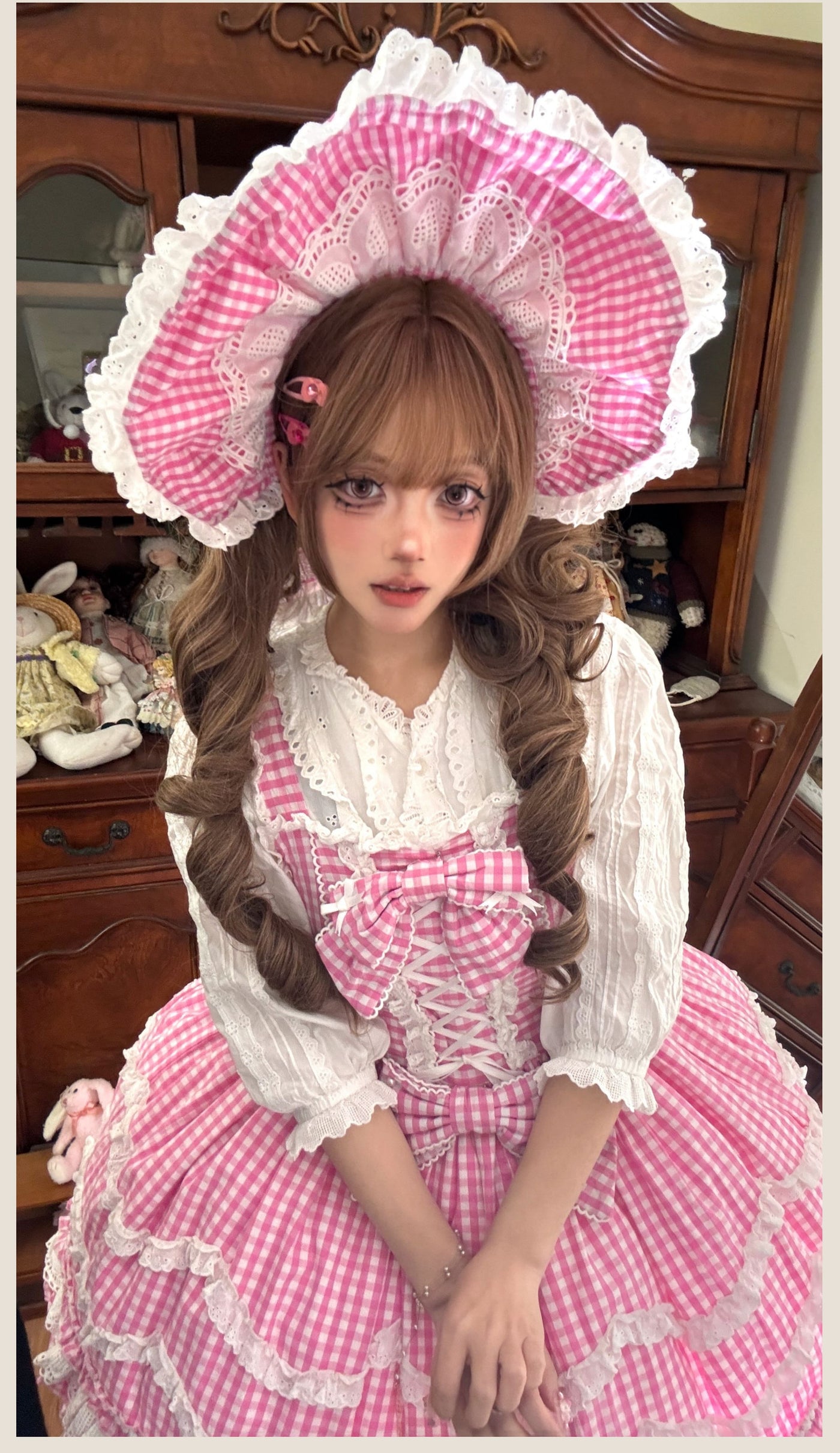 Tata Long Ear - Gingham Baileys - Pink gingham check sweet lolita JSK