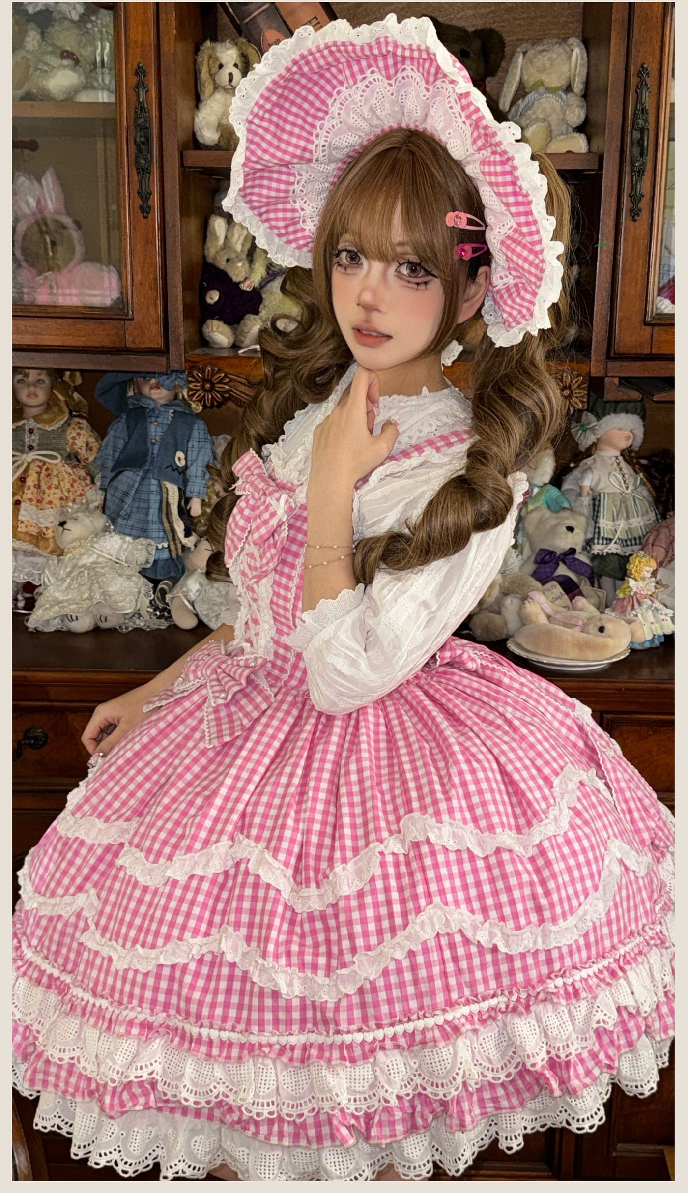Tata Long Ear - Gingham Baileys - Pink gingham check sweet lolita JSK