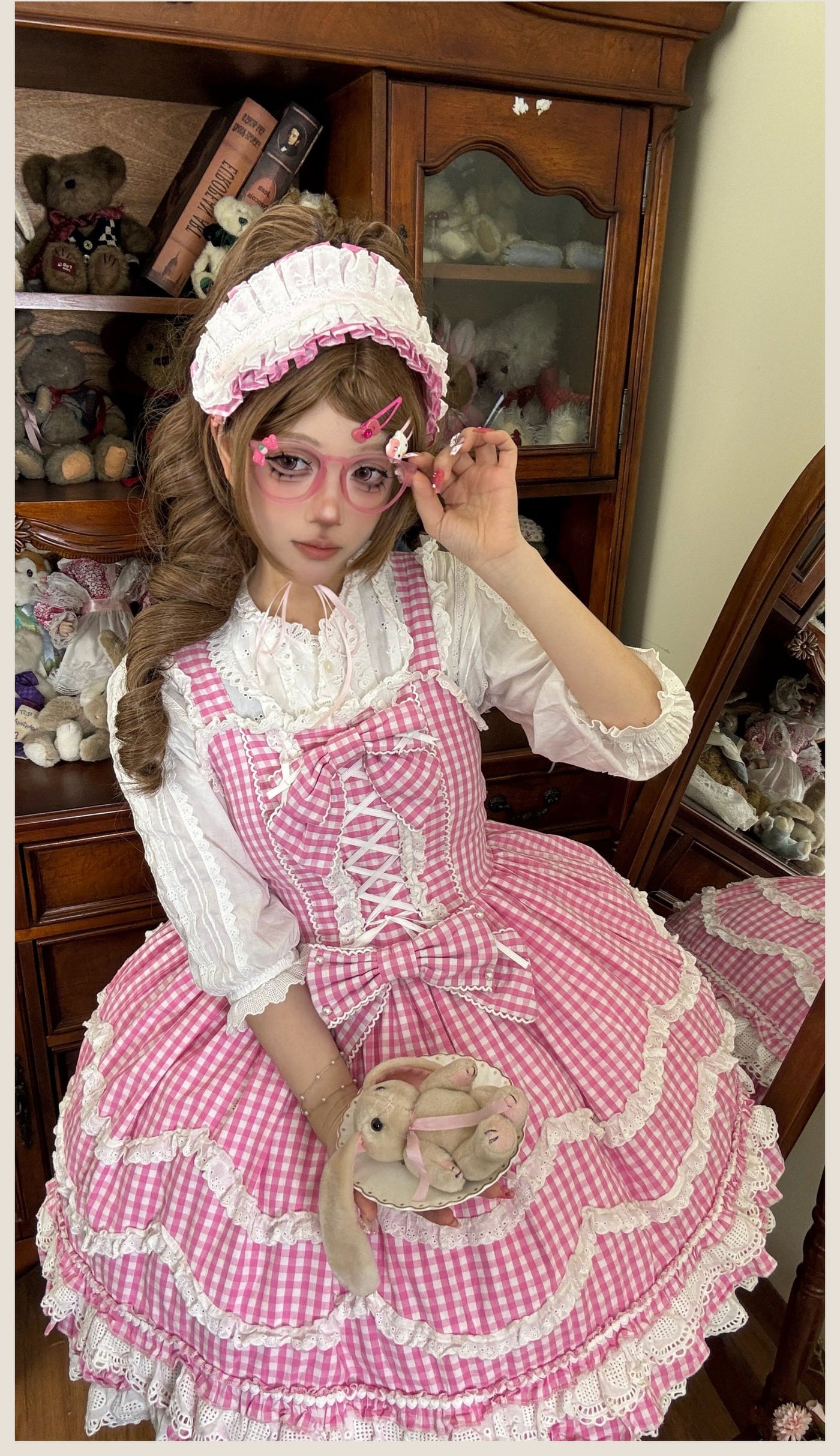 Tata Long Ear - Gingham Baileys - Pink gingham check sweet lolita JSK
