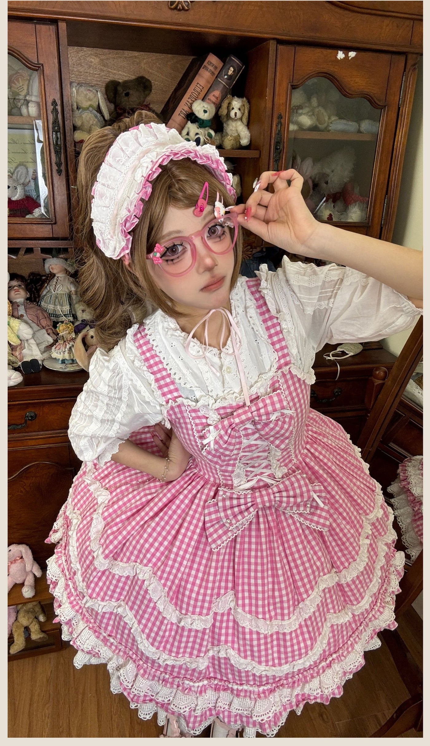 Tata Long Ear - Gingham Baileys - Pink gingham check sweet lolita JSK
