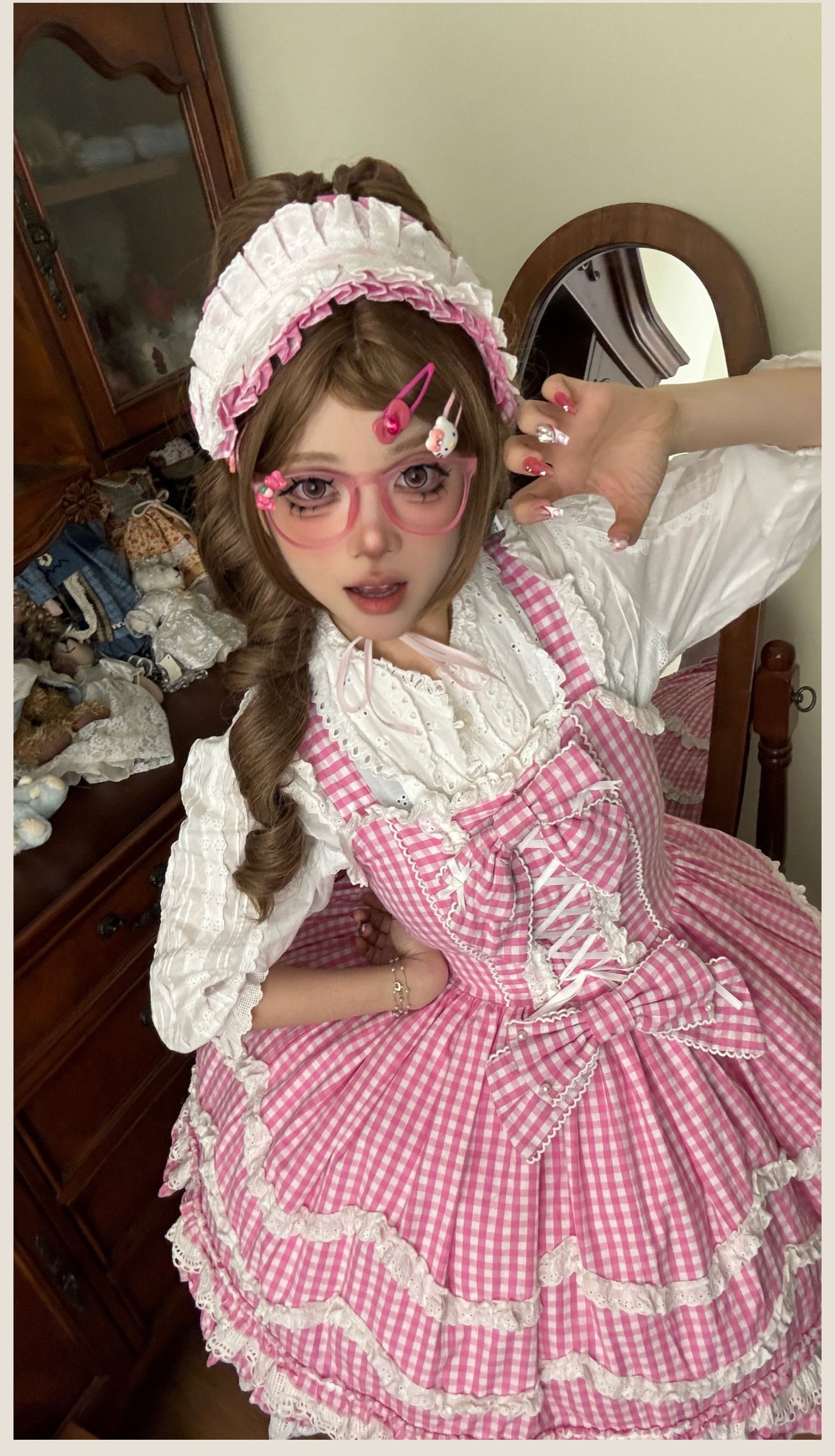 Tata Long Ear - Gingham Baileys - Pink gingham check sweet lolita JSK