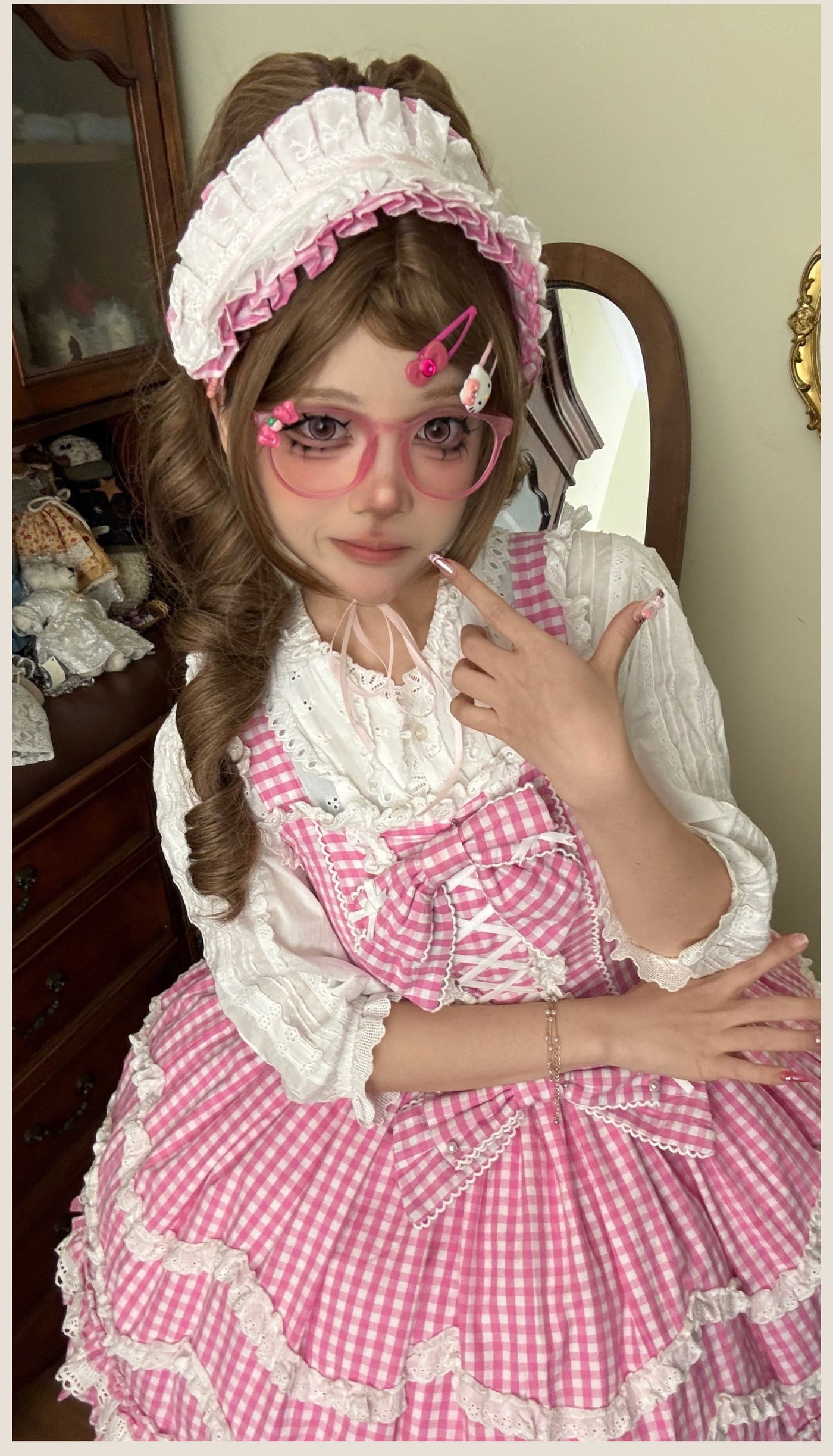 Tata Long Ear - Gingham Baileys - Pink gingham check sweet lolita JSK